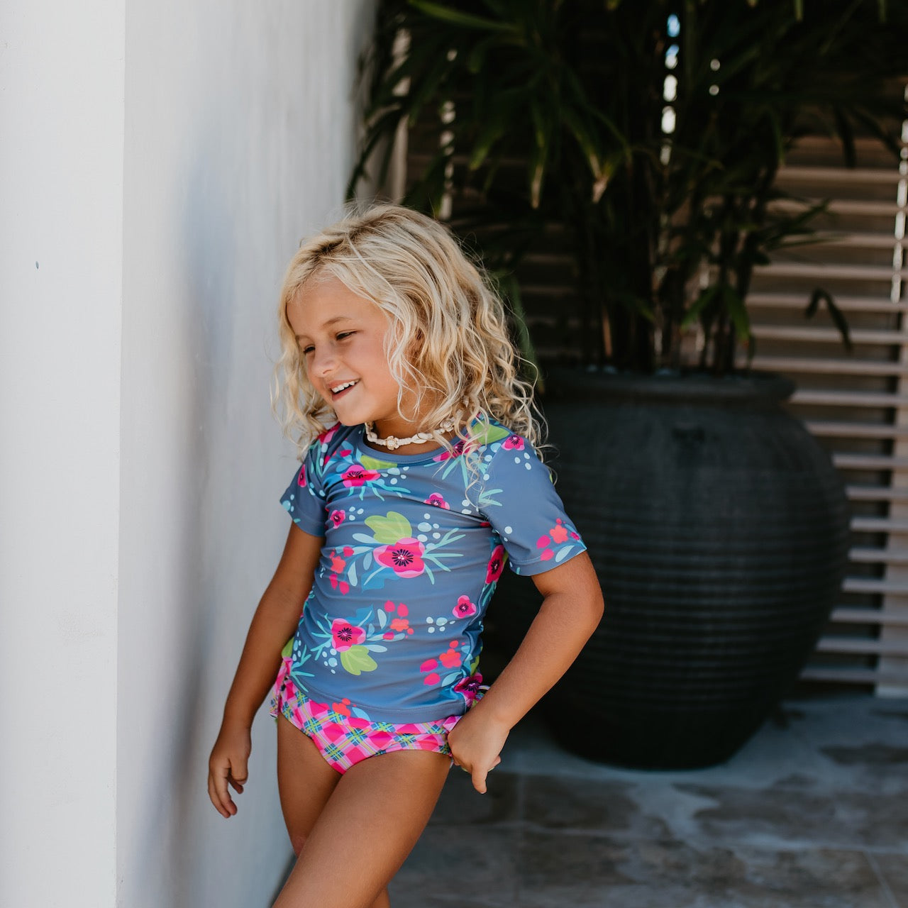 GRAY AND GREEN FLORAL RASH GUARD SWIMSUIT