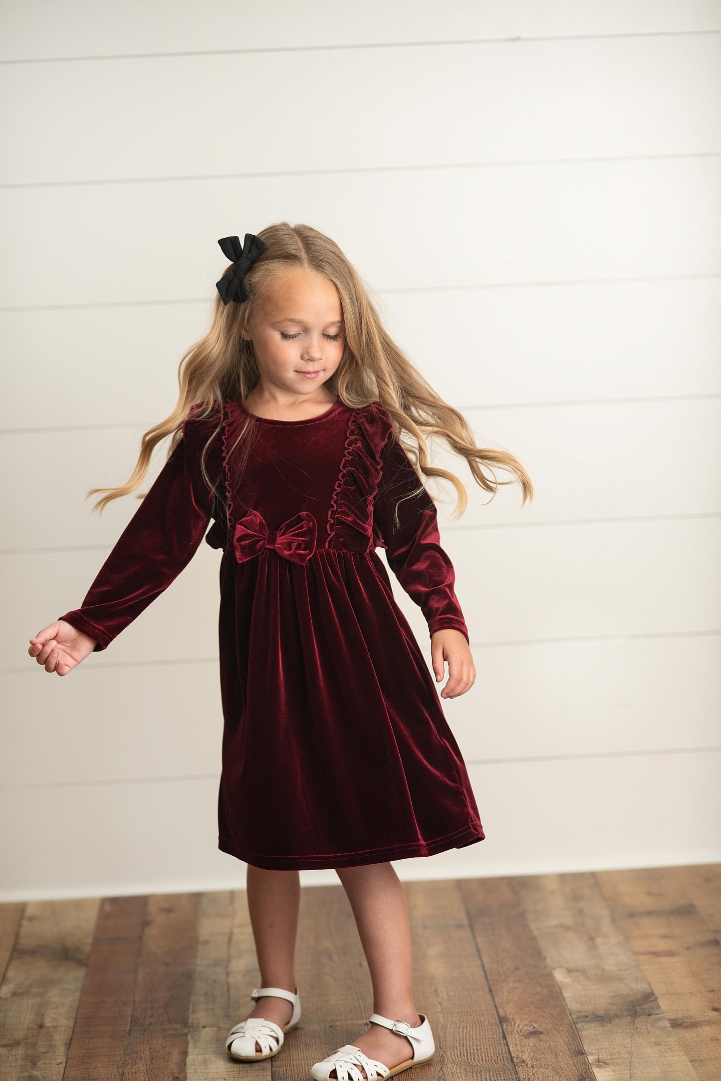 VELVET WINE BOW DRESS