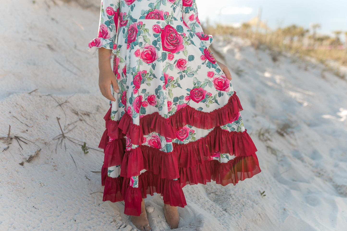 WINE ROSE RUFFLE DRESS