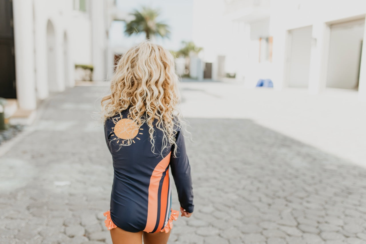 RAINBOW NAVY ZIP RASH GUARD SWIMSUIT