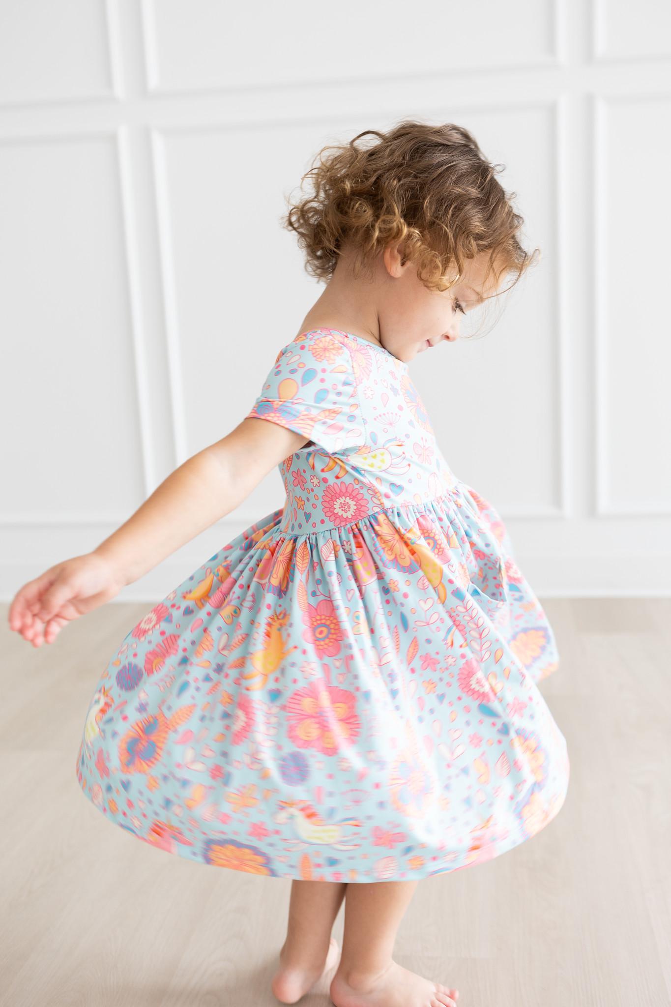 BLUE RETRO UNICORNS POCKET TWIRL DRESS