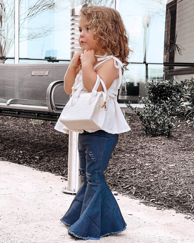 PLEATED DENIM BELL BOTTOMS - DARK DENIM