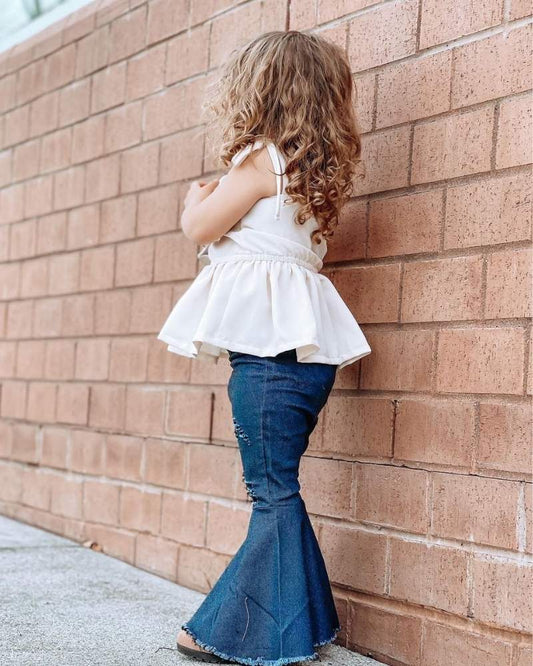 PLEATED DENIM BELL BOTTOMS - DARK DENIM