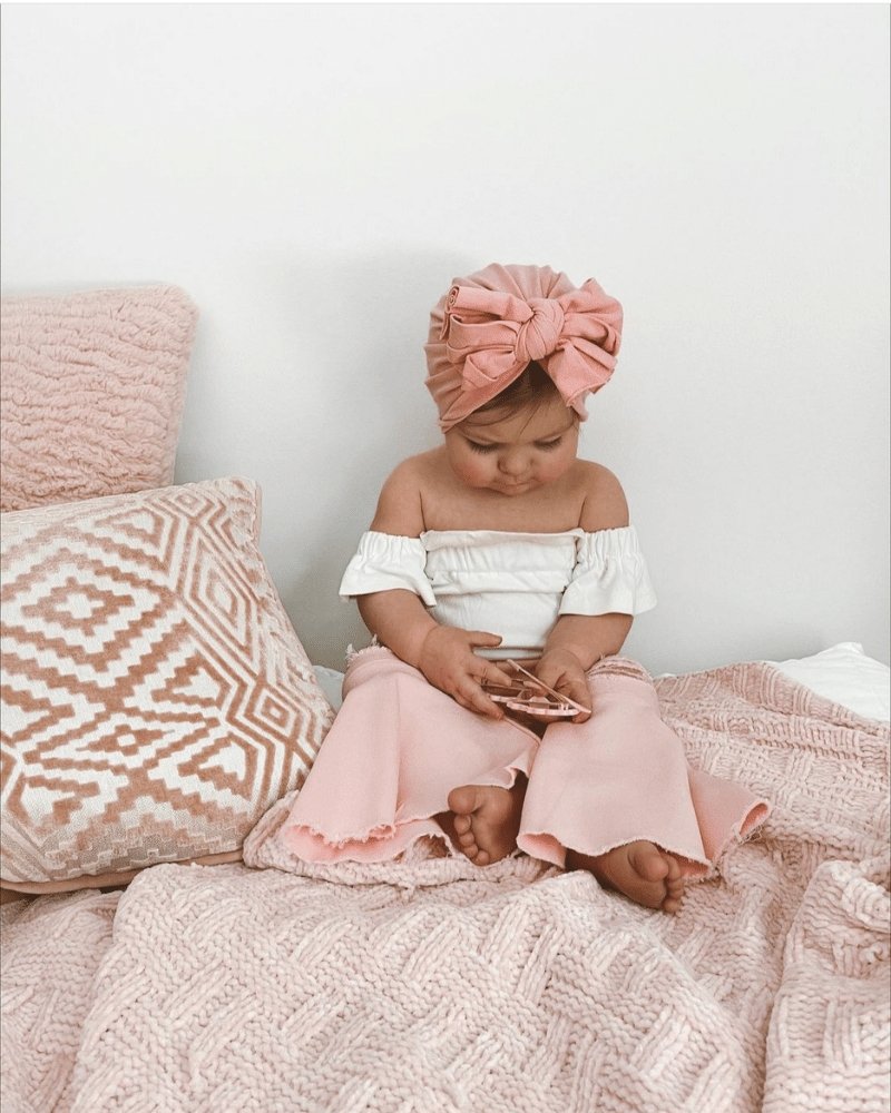 PLEATED DENIM BELL BOTTOMS - POWERPUFF DISTRESSED PINK