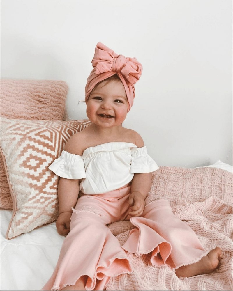 PLEATED DENIM BELL BOTTOMS - POWERPUFF DISTRESSED PINK