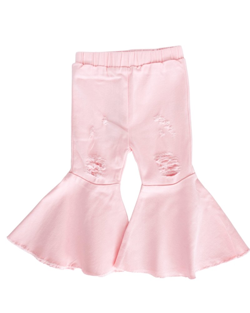 PLEATED DENIM BELL BOTTOMS - POWERPUFF DISTRESSED PINK