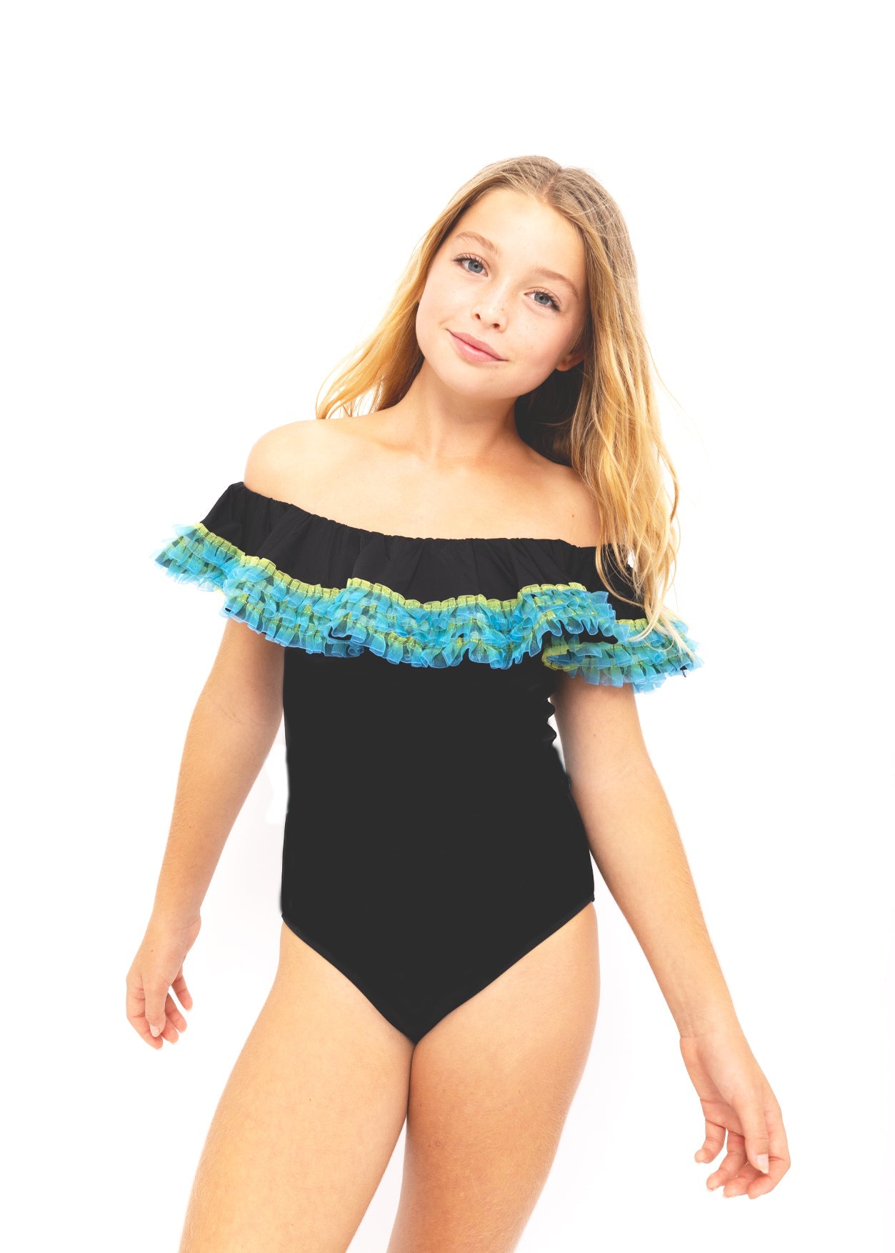 BLACK SWIMSUIT WITH ANEMONE FRINGE