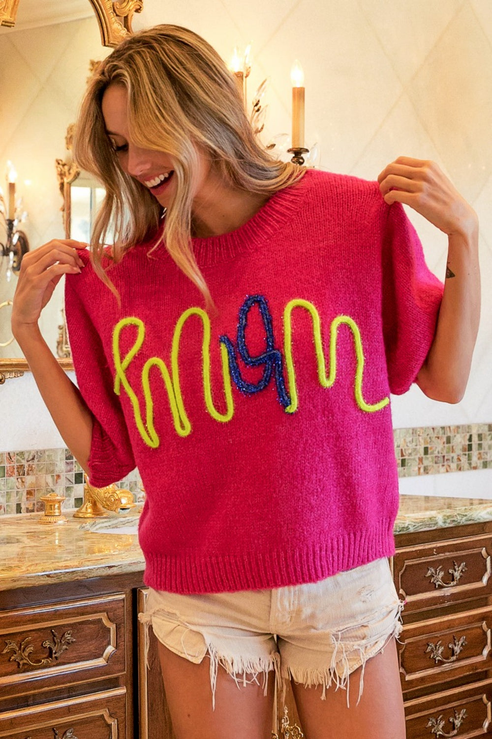 MOM CONTRAST ROUND NECK SWEATER