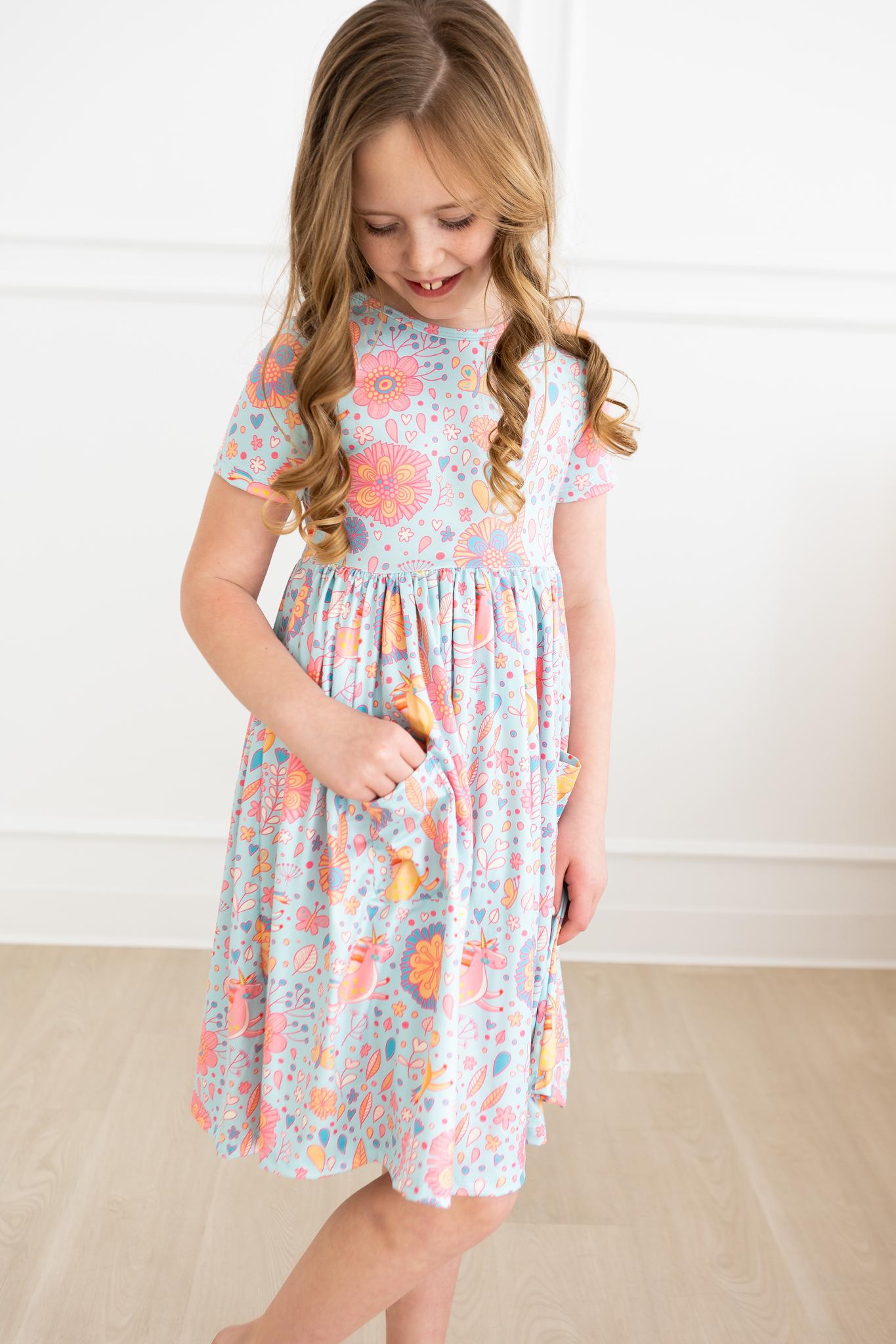 BLUE RETRO UNICORNS POCKET TWIRL DRESS