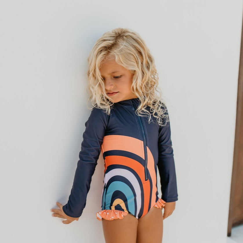 RAINBOW NAVY ZIP RASH GUARD SWIMSUIT