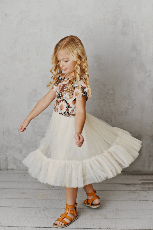 RUST AND PASTEL FLORAL BUTTERFLY TULLE DRESS