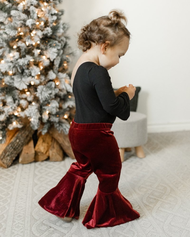 PLEATED VELOUR BELL BOTTOMS - WINE