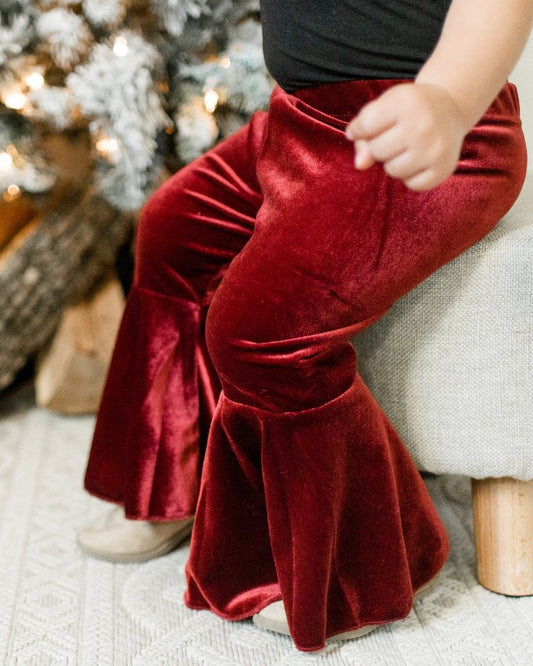 PLEATED VELOUR BELL BOTTOMS - WINE