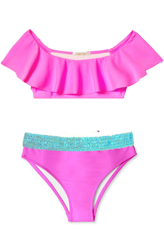 NEON PINK RUFFLE BIKINI WITH AQUA SEQUIN BELT