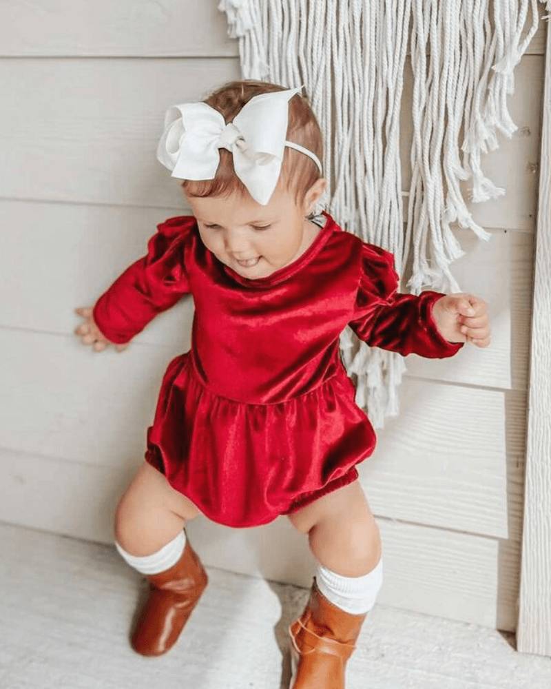 VELOUR BUBBLE SHORTY ROMPER - CANDY APPLE RED