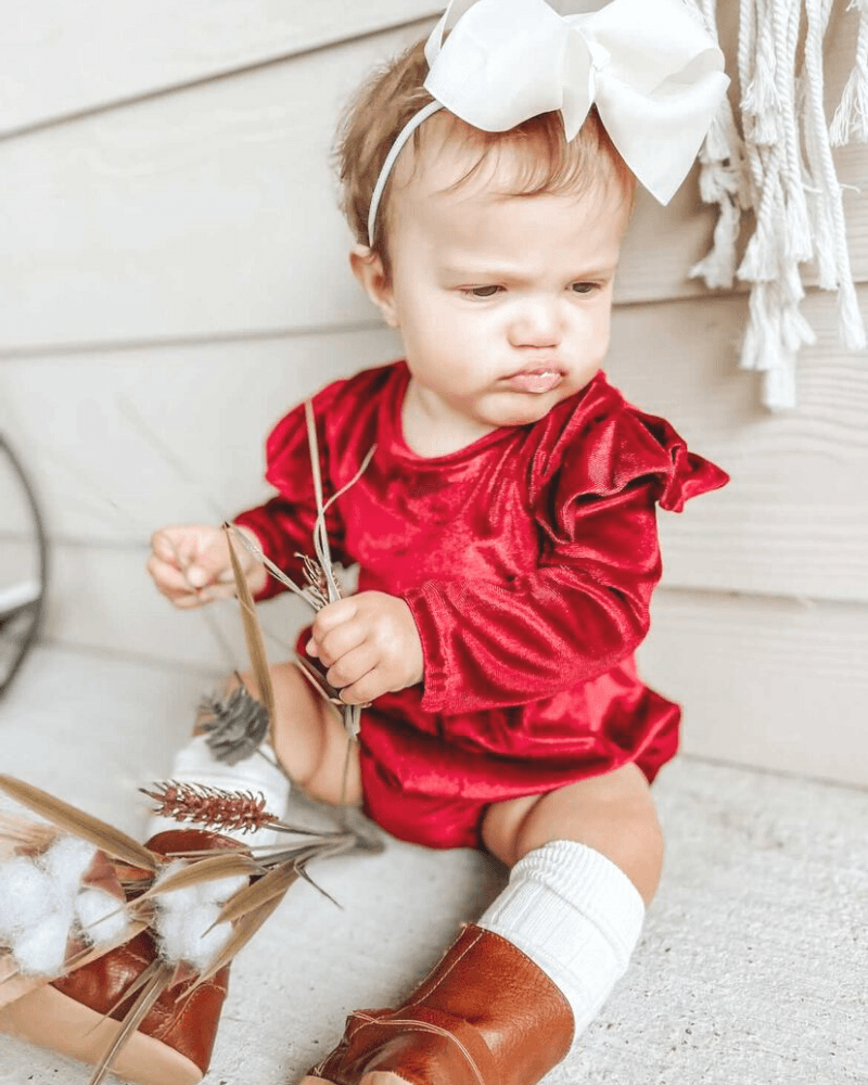 VELOUR BUBBLE SHORTY ROMPER - CANDY APPLE RED