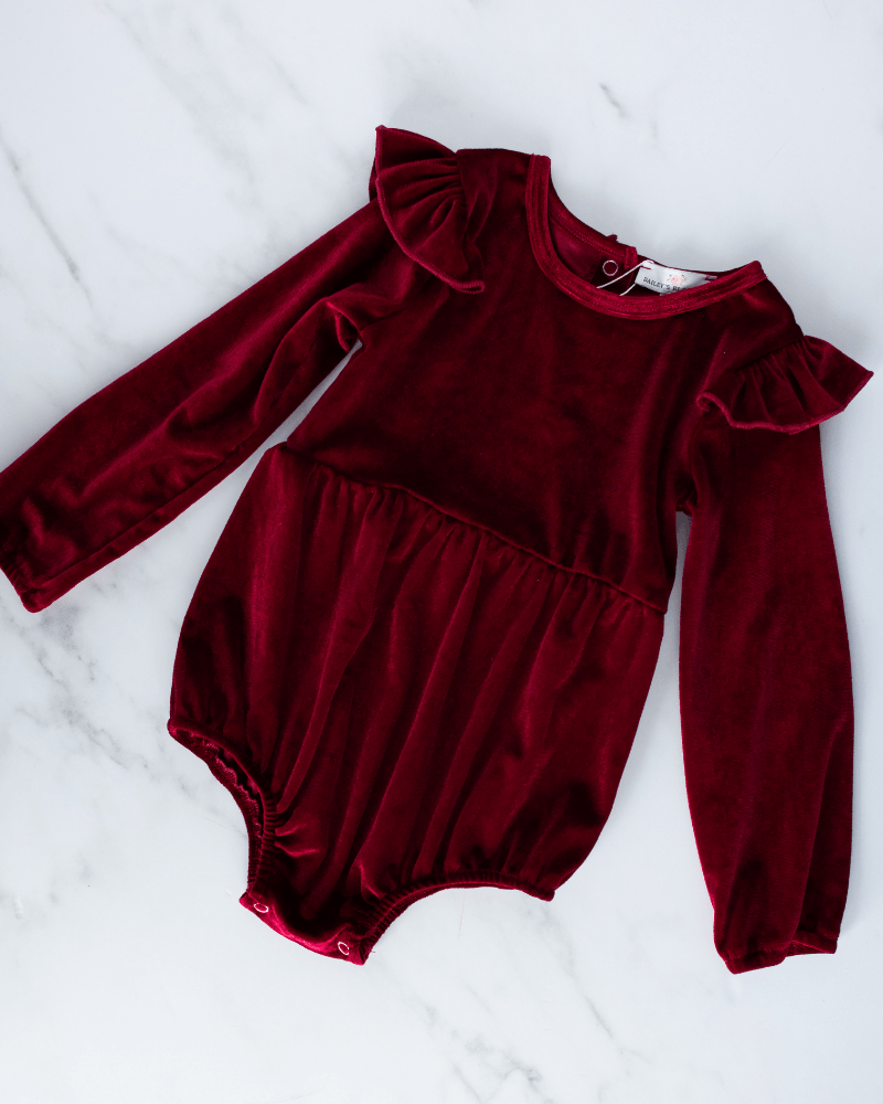 VELOUR BUBBLE SHORTY ROMPER - CANDY APPLE RED