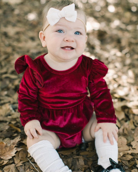 VELOUR BUBBLE SHORTY ROMPER - CANDY APPLE RED