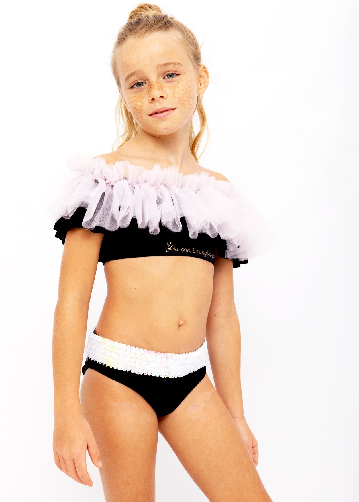 "YOU CAN BE ANYTHING" BLACK BIKINI WITH PINK TULLE AND SEQUIN BELT