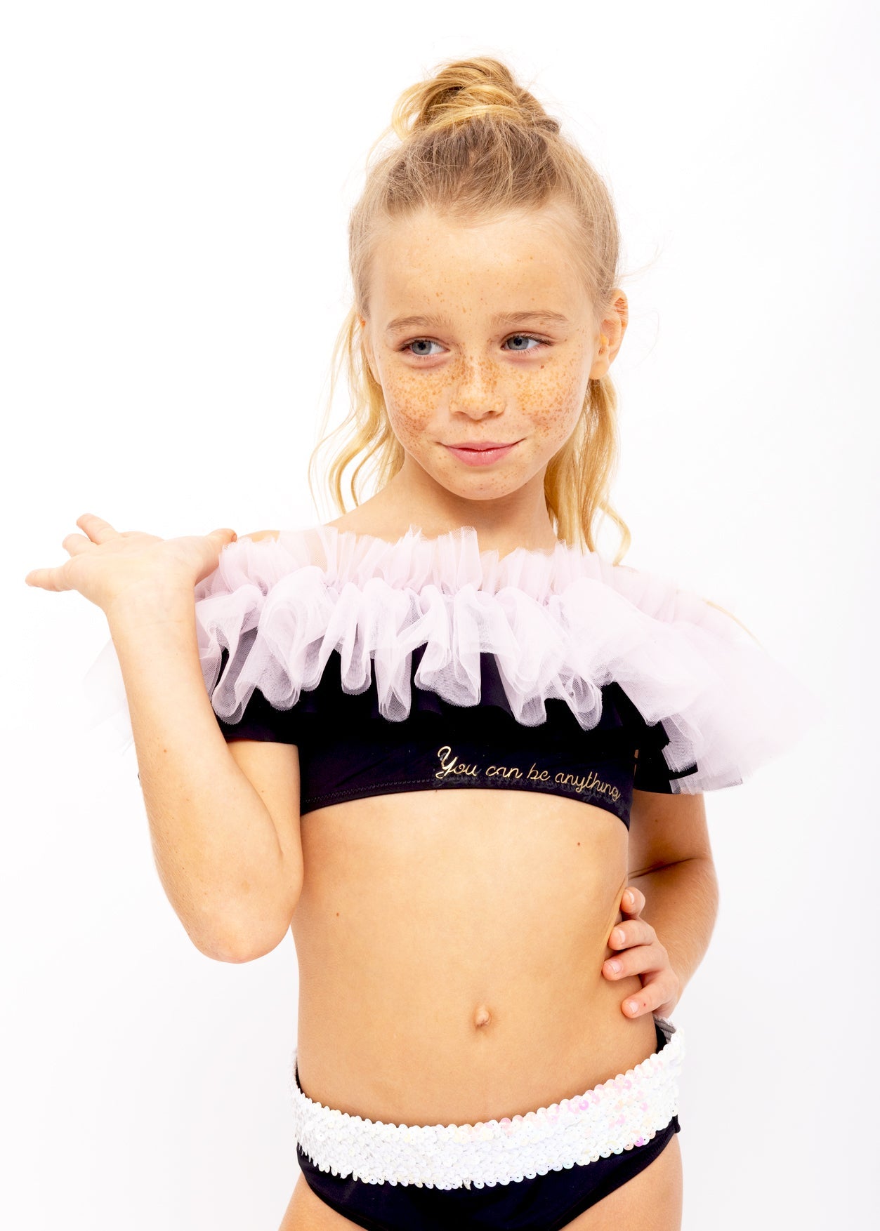 "YOU CAN BE ANYTHING" BLACK BIKINI WITH PINK TULLE AND SEQUIN BELT