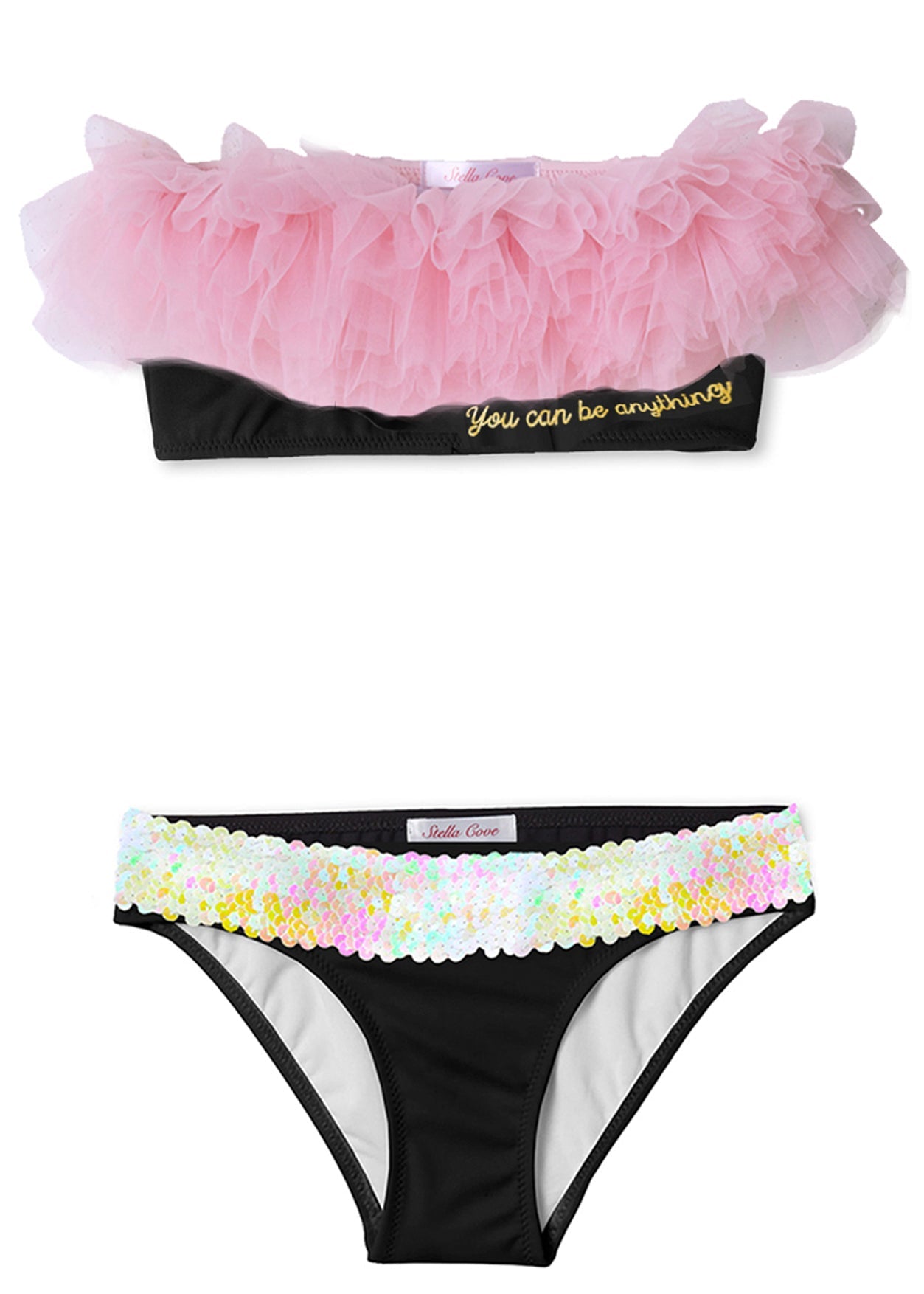 "YOU CAN BE ANYTHING" BLACK BIKINI WITH PINK TULLE AND SEQUIN BELT